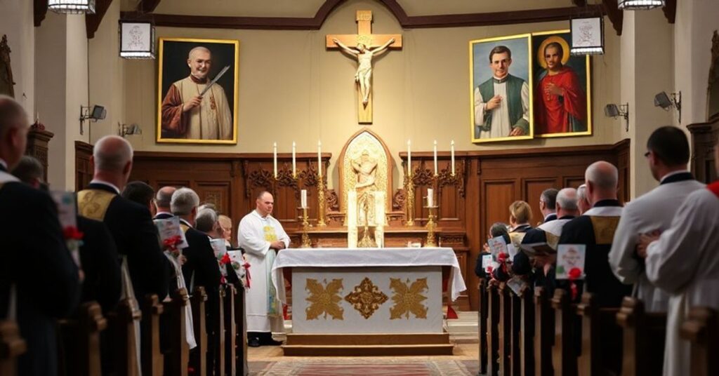 Wnętrze tradycyjnego kościoła katolickiego podczas mszy z udziałem kapłanów w ornatach. Na ołtarzu krzyż z Jezusem Chrystusem. W tle grafiki błogosławionych o. Michała Tomaszka i Zbigniewa Strzałkowskiego.