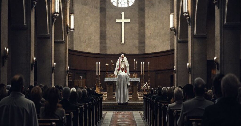 Wnętrze kościoła podczas modernistycznej mszy, z biskupem w świeckim ubraniu, propagującym herezje. Atmosphera smutna, atmosferyczna, oddająca pustkę duchową.
