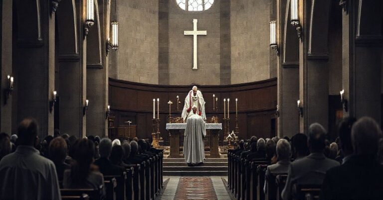 Wnętrze kościoła podczas modernistycznej mszy, z biskupem w świeckim ubraniu, propagującym herezje. Atmosphera smutna, atmosferyczna, oddająca pustkę duchową.