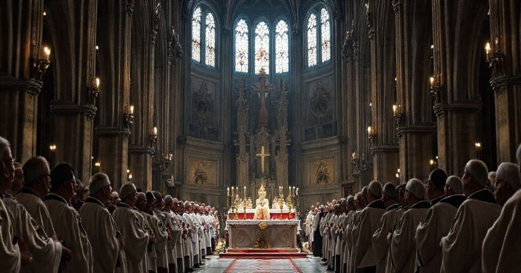 Wnętrze katedry katolickiej w Gdańsku podczas obchodów 100-lecia Archidiecezji Gdańskiej, przedstawiające uroczystą, ale pustą celebrację pod przewodnictwem nowoczesnego duchowieństwa w nowoczesnych szatach liturgicznych. Scena podkreśla kryzys wiary i brak autentyczności w neo-kościele.