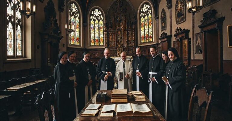 Uroczystość 100-lecia Archiwum Archidiecezjalnego w Poznaniu w tradycyjnym kościele z księżmi w sutannach i starymi dokumentami na stole