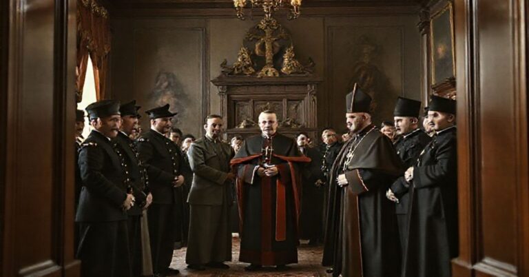 Obraz przedstawiający przekazanie władzy wojskowej przez Radę Regencyjną Józefowi Piłsudskiemu w 1918 roku, w kontekście katolickiej krytyki braku uznania Chrystusa Króla w sprawach politycznych.