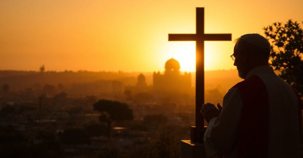 Sobótni kleryk modli się przed krzyżem na tle miasta Abudża w Nigerii
