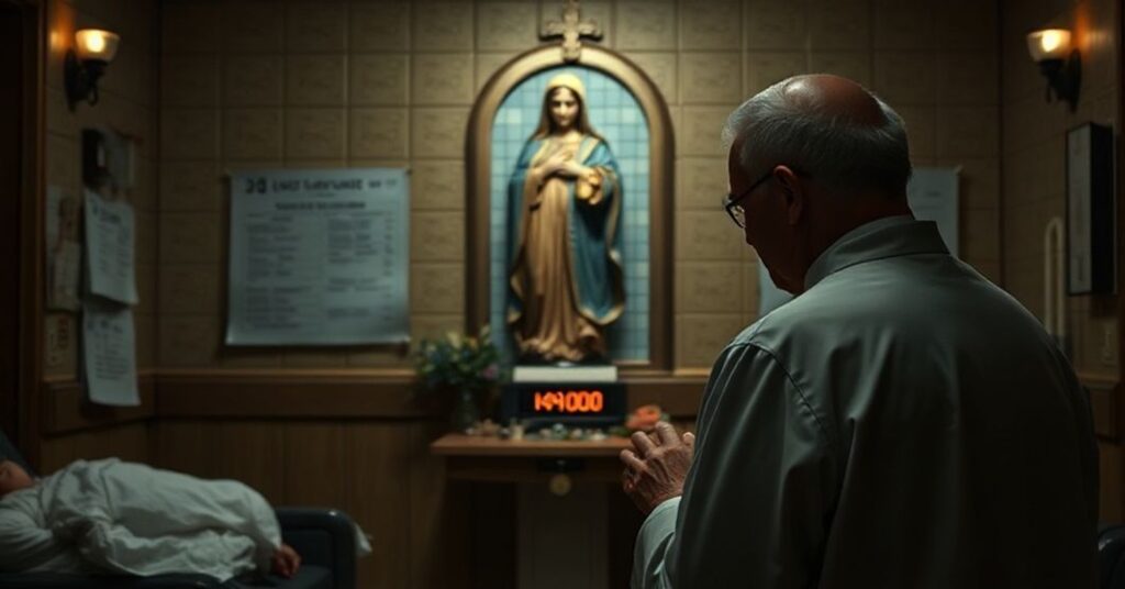 Pokutująca matka modli się przed statuą Matki Boskiej Boleści w szpitalu katolickim z dokumentem o 14 000 okaleczeniach dzieci na tle