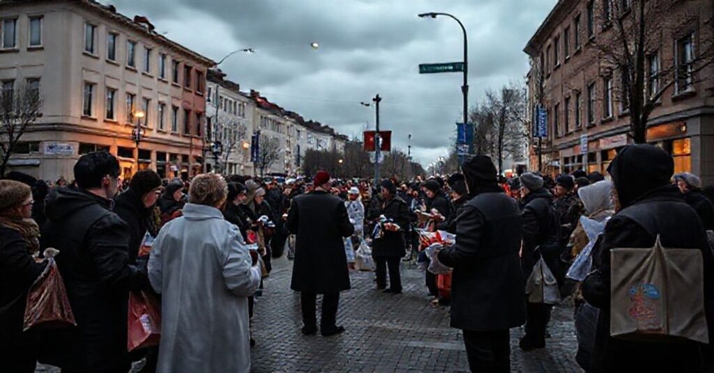 Scena uliczna w Bydgoszczy podczas „Dnia Ubogich”, gdzie fałszywa Caritas rozdaje pomoc materialną bez odniesienia do zbawienia. W tle widoczni są przedstawiciele instytucji państwowych.