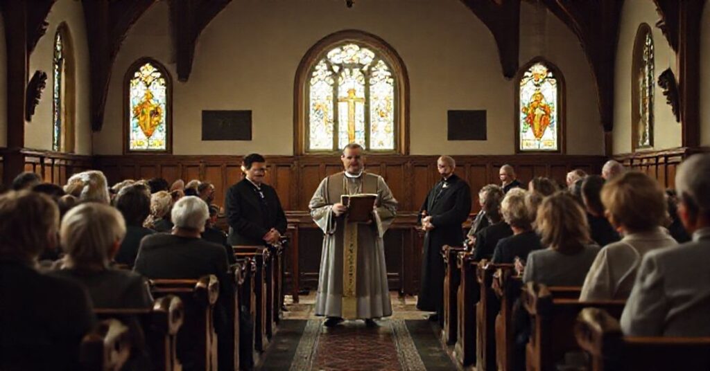Scena w tradycyjnej kaplicy katolickiej z przedstawicielami nowej podstawy programowej KEP. W tle widoczne są reakcje wiernych.