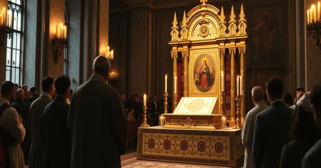 Ciemna scena w Bazylice św. Piotra w Watykanie podczas wystawienia chusty św. Weroniki przez modernesyckich duchownych pod kierunkiem 'kard.' Mauro Gambetti.