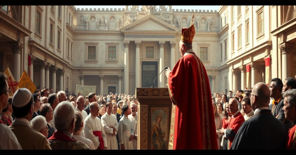 Ojciec Święty Leon XIV wygłasza podczas audiencji generalnej w Watykanie, otoczony przez grupę wiernych. Scena ma poważny i refleksyjny charakter.