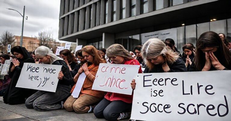 Grupa 21 katolików modlących się w spokojnym zgromadzeniu przed kliniką aborcyjną Askabide w Vitoria-Gasteiz w Hiszpanii.