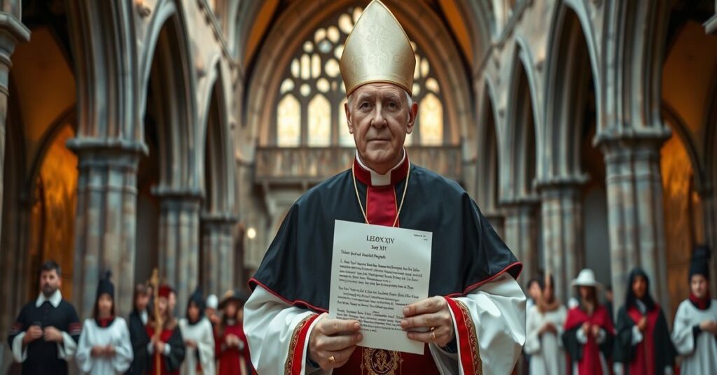 Tradycyjny biskup katolicki w rękach list od uzurpatora Leona XIV przed katedrą w Bańskiej Bystrzycy