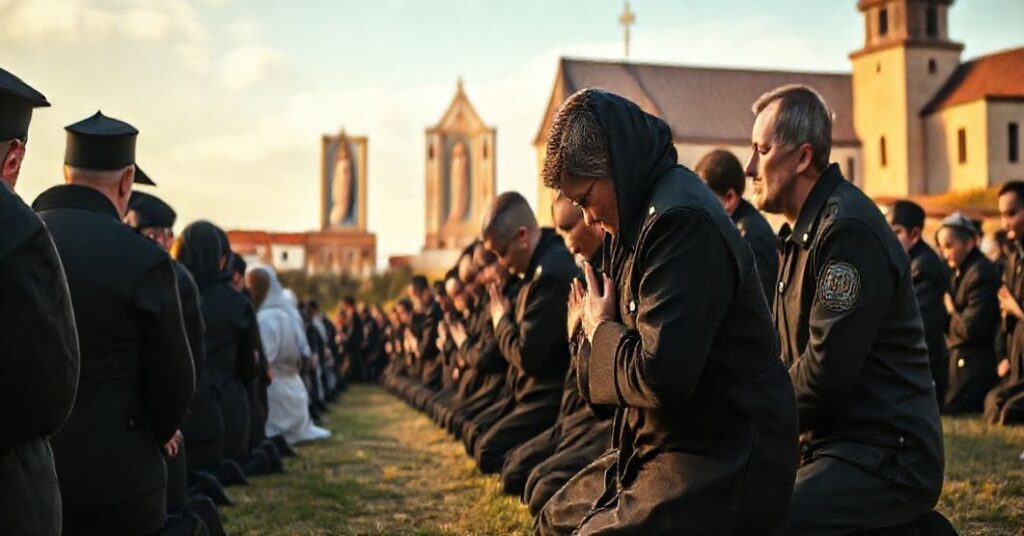 Grupa strażników i ich rodzin modląca się przed Obrazem Matki Bożej Częstochowskiej na Jasnej Górze, symbolizując tradycyjne katolickie nawrócenie i poświęcenie