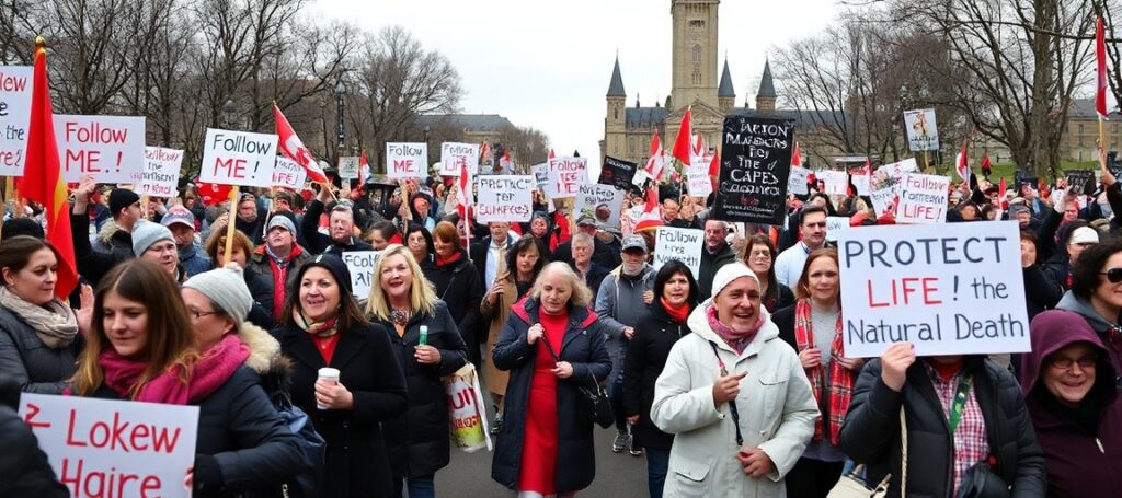 Tysiące Kanadyjczyków marszują na Parliament Hill w Ottawie podczas 29. Marszu Życia, modląc się różańcem i trzymając transparenty z hasłami 'Follow Me' i 'Ochrona życia od poczęcia do naturalnej śmierci'.