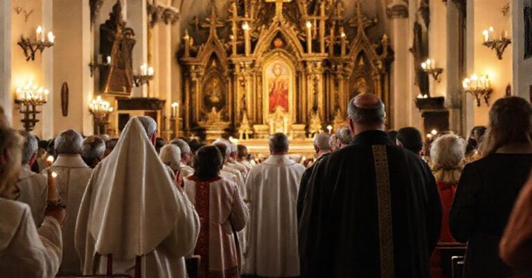 Tradycyjne zgromadzenie katolickie w Radomiu z księżmi w ornatach liturgicznych i parafianami modlącymi się w kościele Matki Bożej Królowej Świata.