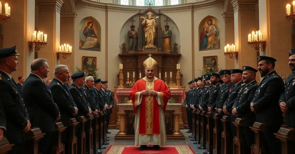 Wnętrze kościoła z tradycyjnym ołtarzem podczas fałszywej liturgii prowadzonej przez pseudo-biskupa Wiesława Lechowicza i wojskowych