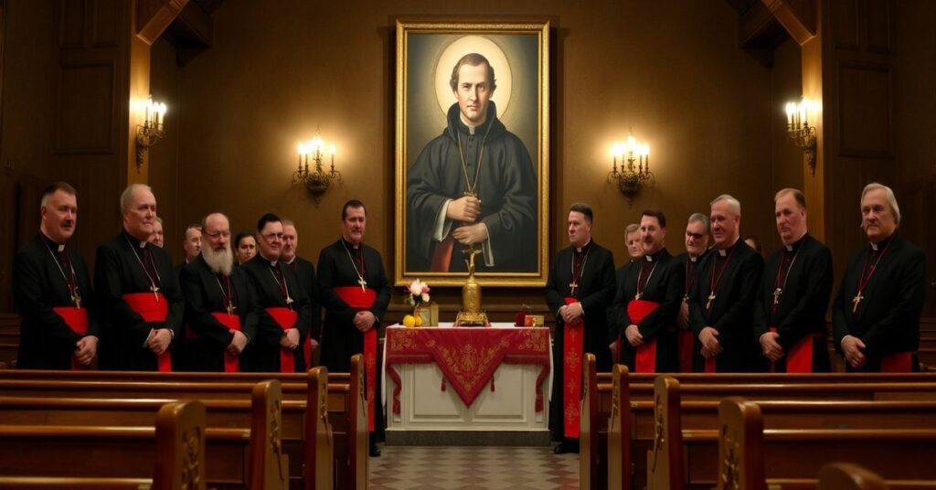 Grupa parlamentarzystów w tradycyjnych katolickich szatach stoi w Kaplicy na Jasnej Górze przed obrazem św. Tomasza More'a. Scena podkreśla hipokryzję ich publicznej pobożności wobec wspierania demoralizacji.