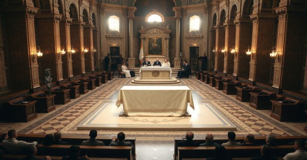 Wnętrze rzymskiej synagogi z pustym ołtarzem, na tle którego odbywa się dyskusja z udziałem przedstawicieli żydowskich i historyka.