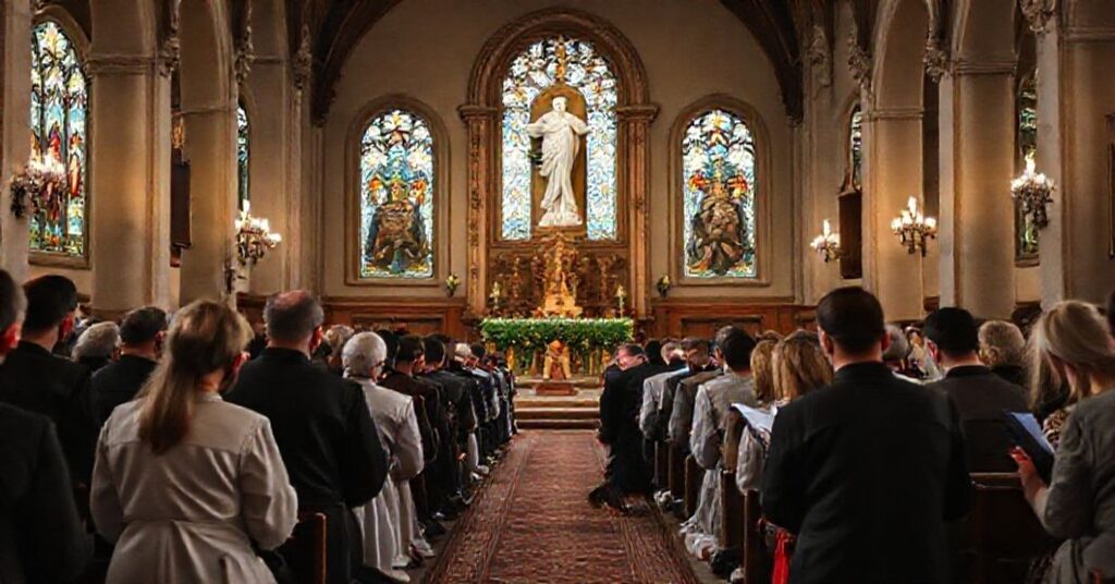 Kolekcja młodych katolików tradycji modląca się w kościele przed statuą Najświętszego Serca Jezusa podczas farsy Światowych Dni Młodzieży