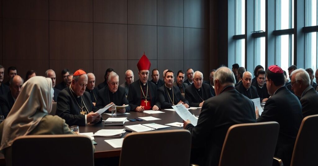 Zdjęcie przedstawiające 404. Zgromadzenie Plenarne pseudokatolickiej 'Konferencji Episkopatu Polski' w Warszawie w 2026 roku. Na obrazie widnieją 'kardynał' Grzegorz Ryś i 'arcybiskup' Wiesław Śmigus otoczeni przez modernistycznych duchownych podczas procedur biurokratycznych.