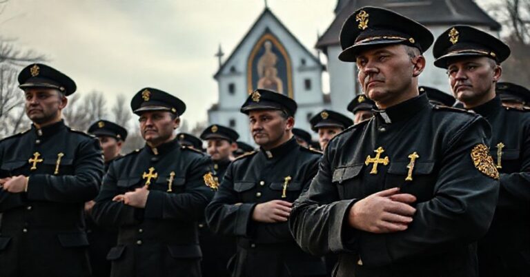 Grupa kolejarzy w mundurach stojąca przed Klasztorem na Jasnej Górze podczas 42. Ogólnopolskiej Pielgrzymki Kolejarzy. Ich twarze wyrażają powagę, lecz brak prawdziwej katolickiej pobożności.