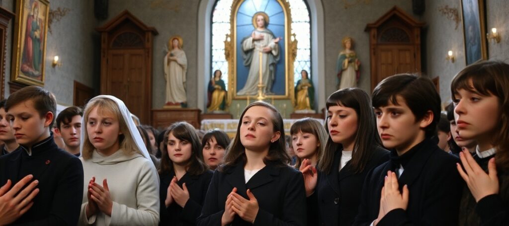 Grupa studentów z KUL w Lublinie modli się Anioł Pański w dniu zamachu na Karola Wojtyłę 13 maja 1981 roku