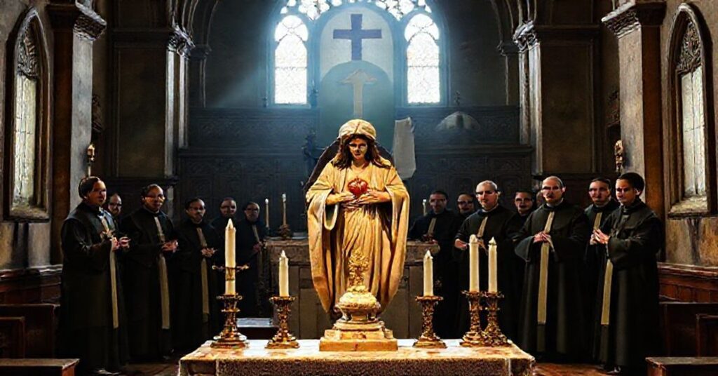 Wnętrze kościoła katolickiego z rzeźbą Serca Jezusa i altarem. Moderniści w sutannach stają przed synagogą i meczetem, ignorując nauczanie Tradycji.