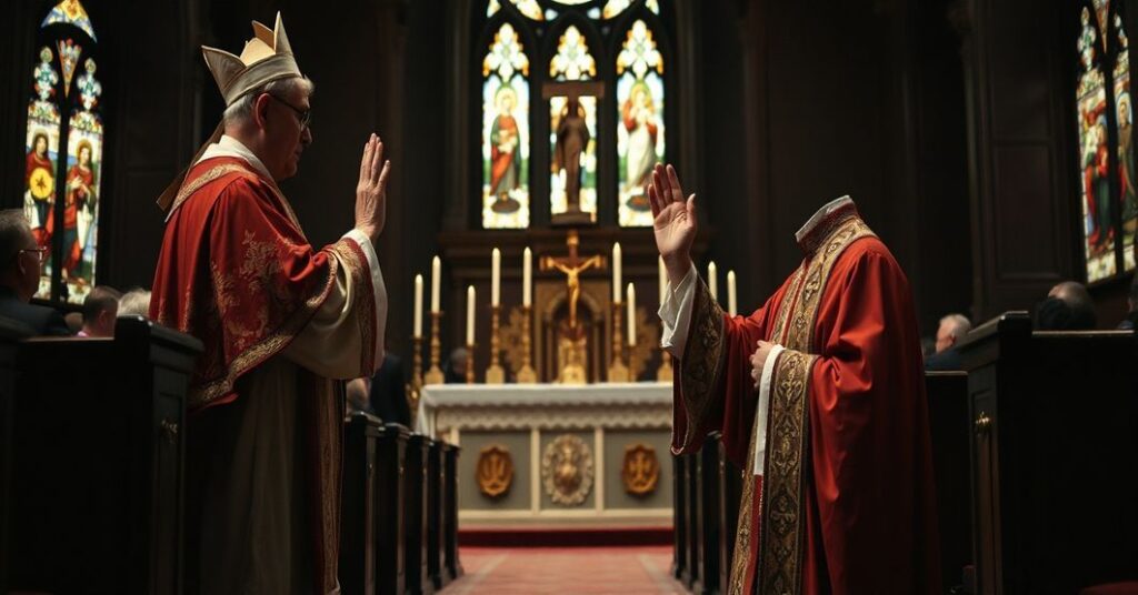 Młodzi Karol Wojtyła przyjmuje święcenia kapłańskie w tradycyjnym kościele, w atmosferze powagi, z biskupem w ornatach i symbolami świętości. Scena podkreśla emocjonalny moment, który jest teologicznie sprzeczny z katolicką doktryną.