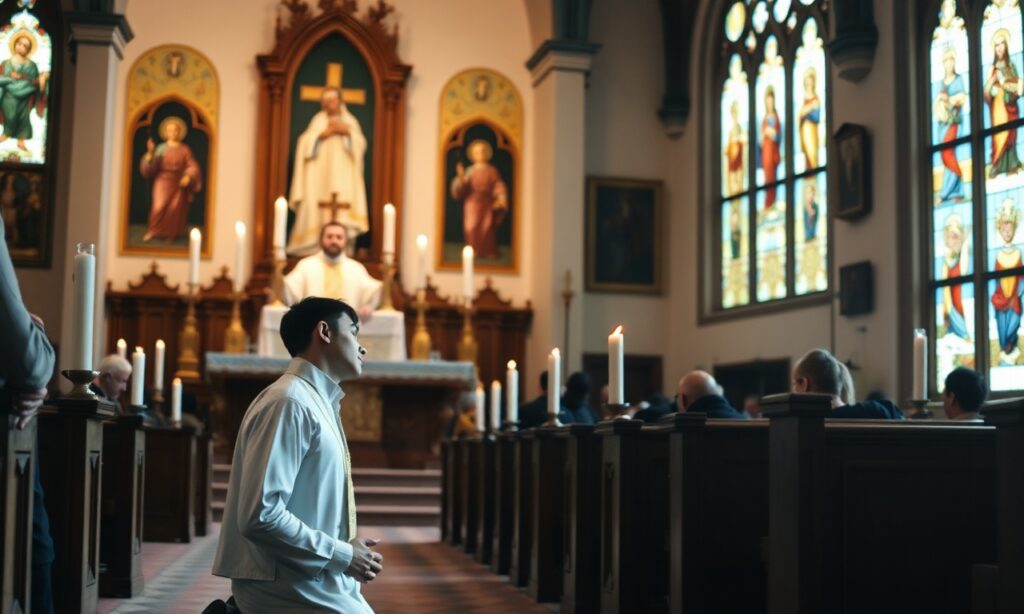 Aaron Rose Philip modli się w tradycyjnym kościele katolickim podczas Mszy Świętej Trydenckiej