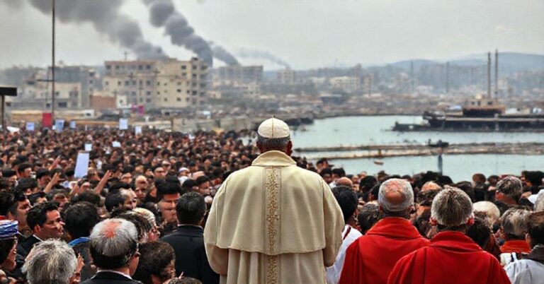 Scena katolicka w Libanie podczas wizyty antypapieża Leona XIV. Tłum zdesorientowany, tradycjonalistyczni katolicy w modlitwie na tle zniszczeń.