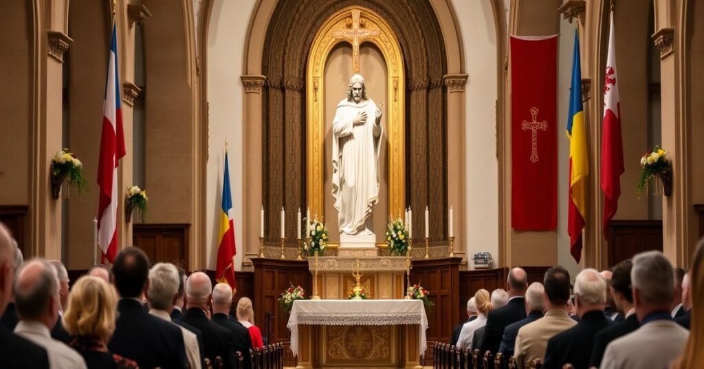 Tradycyjny wnętrze kościoła katolickiego z płacząca statua Chrystusa-Król w ołtarzu, otoczona Polakami i Ukraińcami. Biskup Witalij Krywicki przemawia na ambonie o "braterstwie chrześcijańskim" i "pomocy materialnej" bez wspomnienia o panowaniu Chrystusa.