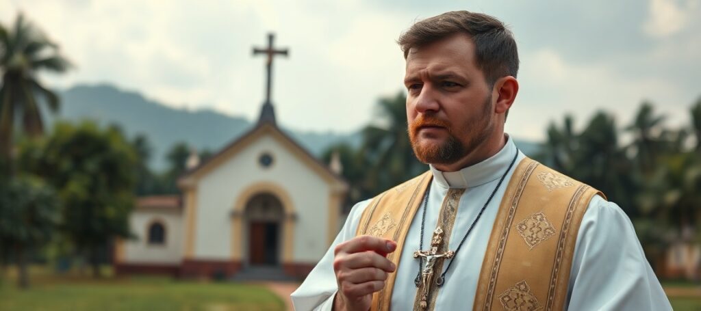 Arcybiskup Tomasz Grysa jako nuncjusz apostolski w Ugandzie - tradycyjne stroje katolickie na tle ugandyjskiego krajobrazu
