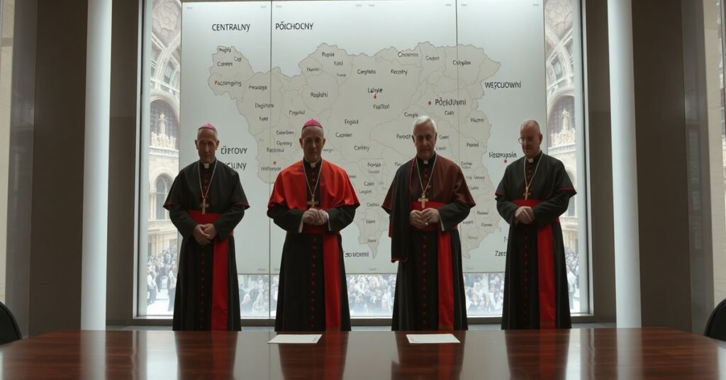 Obraz przedstawiający nowo mianowanych biskupów pomocniczych w diecezji rzymskiej w biurokratycznym środowisku Watykanu w 2026 roku.