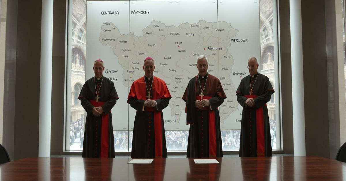 Obraz przedstawiający nowo mianowanych biskupów pomocniczych w diecezji rzymskiej w biurokratycznym środowisku Watykanu w 2026 roku.