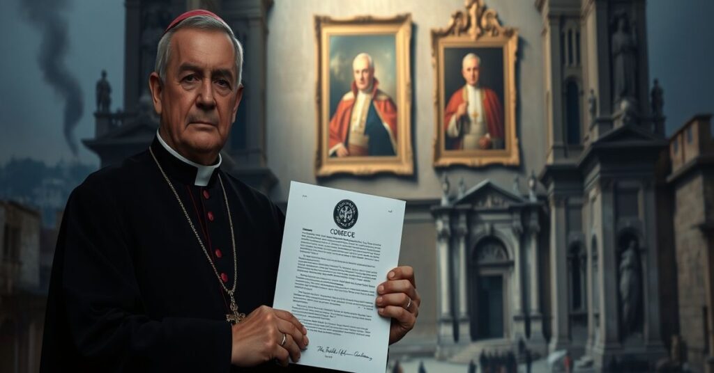 Biskup Mariano Crociata stoi przed katedrą z dokumentem COMECE na tle zniszczeń na Bliskim Wschodzie.