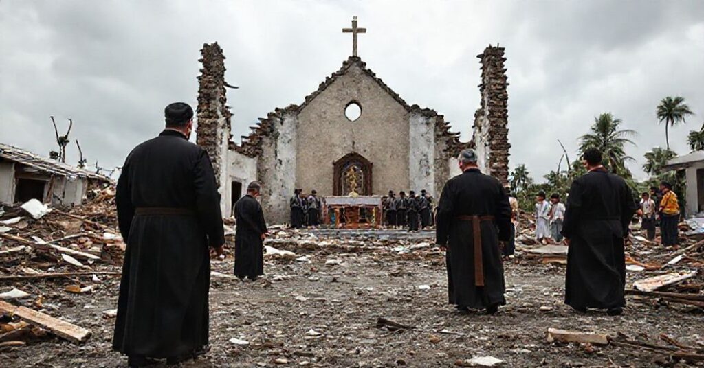 Tradycyjni katoliccy duchowni w ruinach misji na Jamajce po huraganie; symboliczne przetrwanie ołtarza wśród zniszczeń