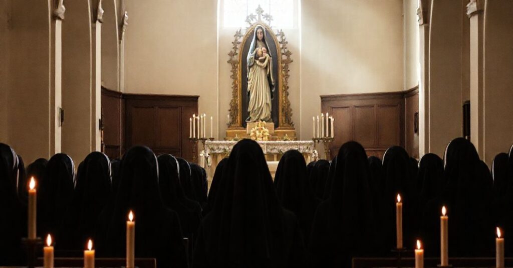 Wnęka kościelna z rzeźbą Matki Boskiej z Dzieciątkiem, otoczona czarnymi habitami zaklinowanych sióstr. Scena podświetlona ciepłym świetłem świec.