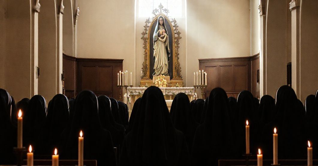 Wnęka kościelna z rzeźbą Matki Boskiej z Dzieciątkiem, otoczona czarnymi habitami zaklinowanych sióstr. Scena podświetlona ciepłym świetłem świec.