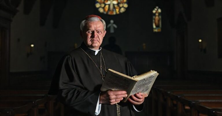 Wnętrze kościoła w tradycyjnym stylu katolickim z Arcybiskupem Georgiem Gänsweinem trzymającym rękopisy tajnych homilii Josepha Ratzingera.