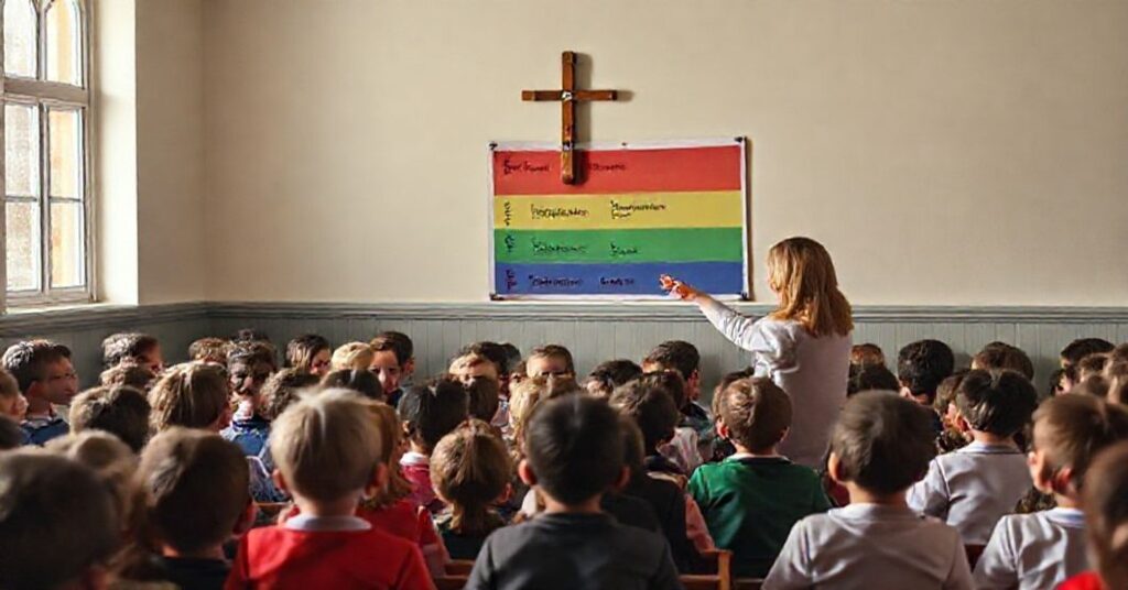 Zdjęcie przedstawiające tradycyjną klasę katolicką z dziećmi, na których twarzach widoczna jest bezruchość. Nauczycielka wskazuje na chart "Tęcza Mocy" znajdujący się na ścianie. Obraz symbolizuje konflikt między wiarą a świecką indoktrynacją.