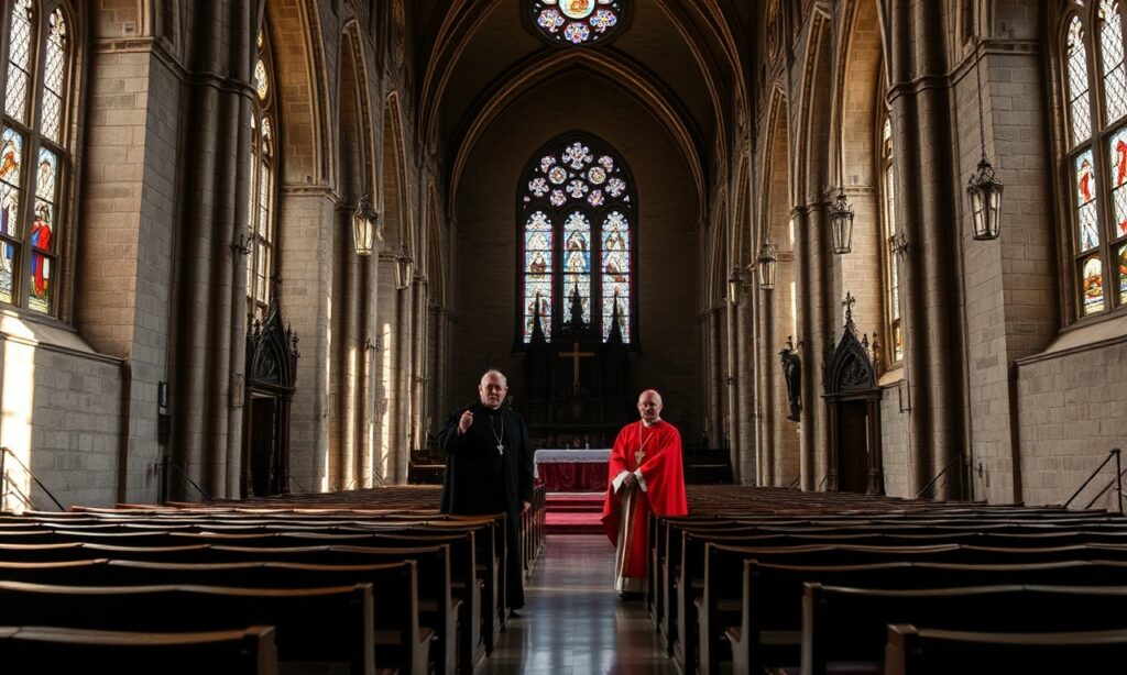 Wnętrze archikatedry św. Jana Chrzciciela we Wrocławiu z arcybiskupem Józefem Kupnym i kardynałem Mario Grechem podczas II Synodu Archidiecezji Wrocławskiej.