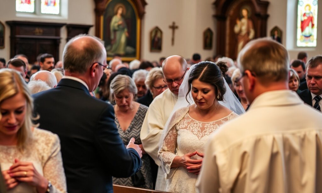 Zdjęcie przedstawiające uroczyste zebranie katolickich małżeństw i duchowieństwa podczas III Międzynarodowego Kongresu 'Odkryj Małżeństwo' w Gnieźnie pod przewodnictwem 'prymasa' Wojciecha Polaka.