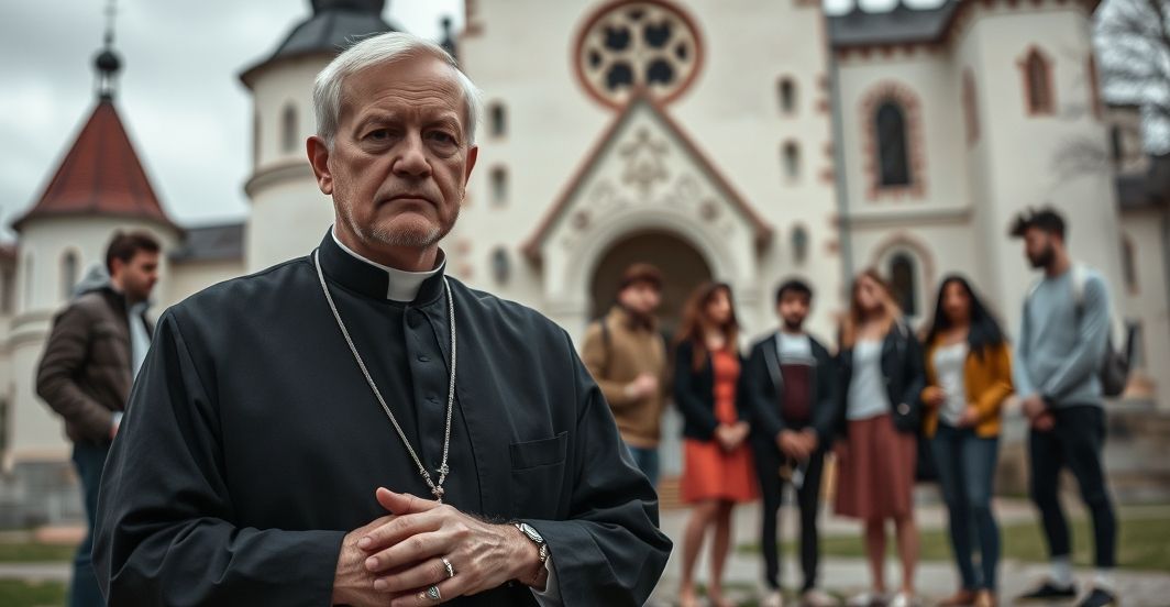 Ksiądz w tradycyjnych szatach stojący przed Jasną Górą, z tłem młodych ludzi w nowoczesnych ubraniach, symbolizujący konflikt między autentyczną katolicką tradycją a nowoczesnymi herezjami. Obraz przekazuje potrzebę powrotu do niezmiennego depozytu wiary.