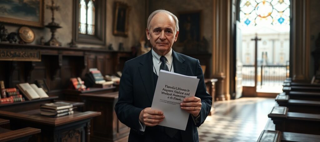 Obraz przedstawiający Jean-Baptiste de Franssu w tradycyjnym kościele katolickim z widokiem na Watykan przez witraże. Scena symbolizuje finansowe niepowodzenia i upadek duchowy Kościoła.