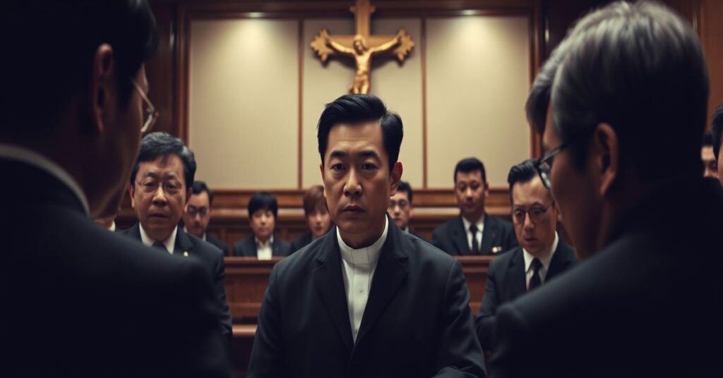 Obraz przedstawiający Jimmy'ego Laia w sądzie w Hongkongu z krzyżem w tle, symbolizujący konflikt między sprawiedliwością ziemską a boskim porządkiem.