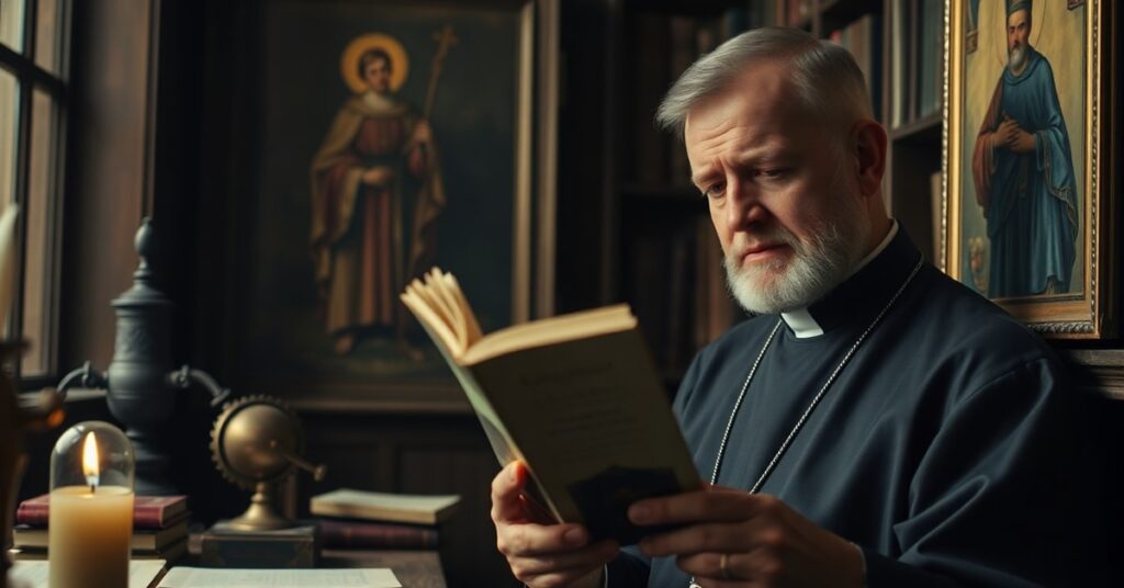 Kapłan w sutannie z głębokim Niepokojem czyta bluznierczą książkę Michała Komara o św. Józefie na tle tradycyjnych katolickich artefaktów.