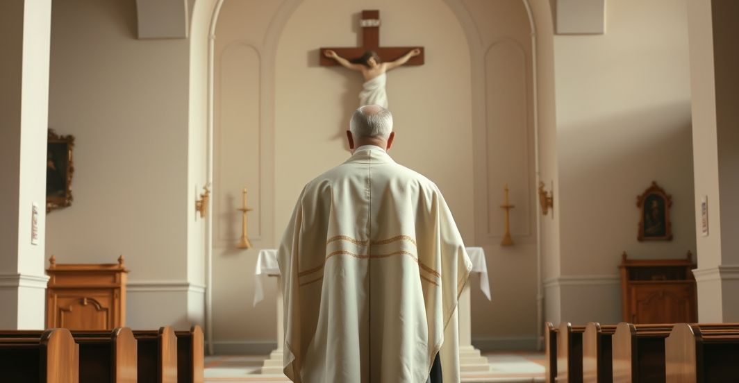 Kapłan katolicki w tradycyjnych szatach przed ołtarzem, symbolizujący wierne katolickie wartości w obliczu modernistycznych prześladowań w Nikaragui