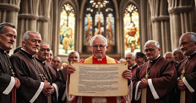 Grupa tradycyjnych biskupów katolickich w habitech liturgicznych przed starym katedrącie z witrażami przedstawiającymi sceny biblijne. Trzymają zwoj z oświadczeniem COMECE z 9 grudnia 2025 roku. Scena jest nasączona poważnym nastrojem i współczuciem.