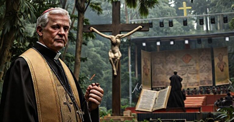 Tradycyjny książ katolicki w pełnym stroju liturgicznym modli się wobec złamanego krzyża w dżungli amazońskiej, na tle sekularyzowanego szpitu klimatycznego z "Papieżem Leonem XIV"