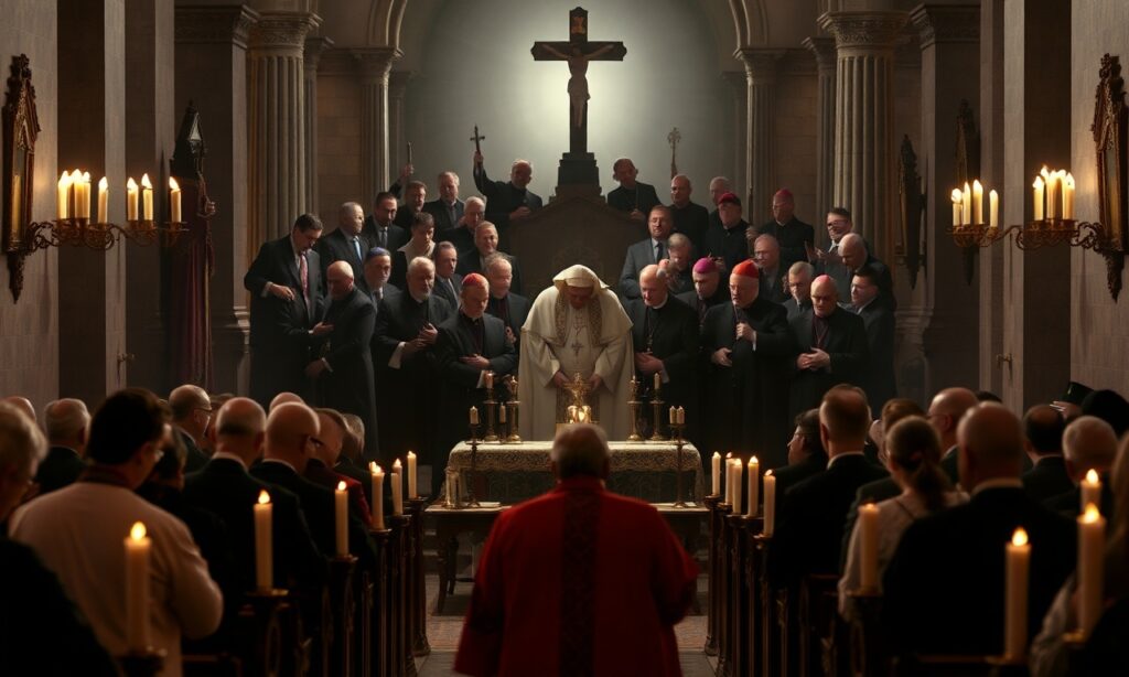 Tradycyjni katolicy modlą się w kościele podczas gdy moderniści błogosławią pary homoseksualne.