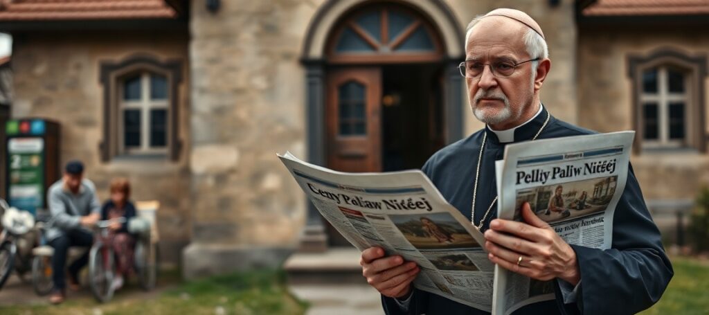 Ksiądz stojący przed kościołem z gazetą o cenach paliw, rodzina walcząca z wysokimi kosztami paliwa na tle