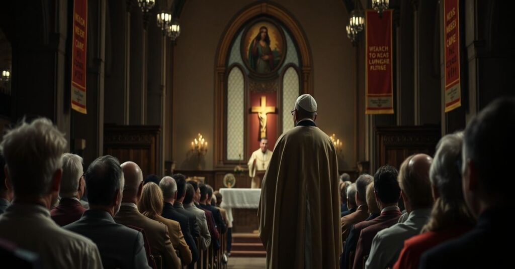 Tradycyjny kościół katolicki z obliczem apostazji: zwodniczy papież Leon XIV na ambonie głosi herezję Lumen Gentium